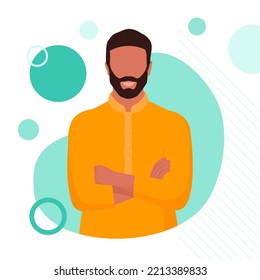 Confident smiling Indian man posing with arms crossed, social media post template, white background
