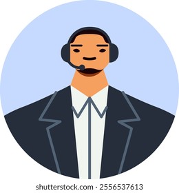 Confident smiling male call center operator wearing headset assisting clients, providing customer support and answering questions, working in modern office
