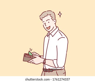 Confident Smiling Man Holding Wallet Full Of Money And Looking At Camera. Hand Drawn Style Vector Design Illustrations.