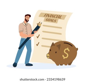 Confident Smiling Man Writing financial goals on Huge Paper List.Financial Prosperity Concept,Money Box Deductions,Money Savings,Wealthy Stable Life.Flat Vector Illustration isolated,white background