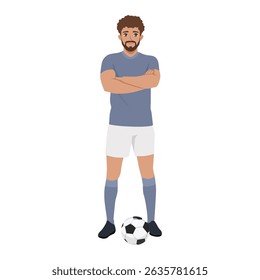 Jogador de futebol confiante de pé com bola. Ilustração de caractere de vetor plano