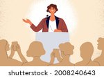 Confident speaker behind podium during stage speech. Smiling woman talking before audience. Female leader at public speaking. Good presentation of businesswoman. Flat vector illustration