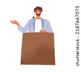 Confident speaker behind podium. Happy business man speaking at rostrum with microphone. Public speech, lecture, presentation from tribune. Flat vector illustration isolated on white background