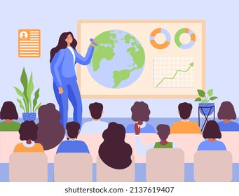 Confident speaker concept. Oratory and public speaking. Girl tells information to employees. Graphs and diagrams, work with statistics and analytical department. Cartoon flat vector illustration