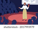 Confident speaker with microphone standing on stage before audience during presentation. Public speaking of young woman at conference. Speech of good successful lecturer. Flat vector illustration