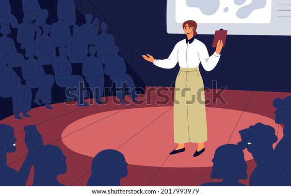 Confident speaker with microphone standing
on stage before audience during presentation. Public speaking of
young woman at conference. Speech of good successful lecturer. Flat
vector illustration