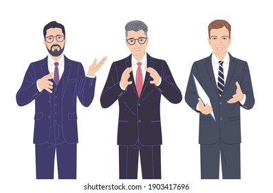 Hombres confiados hablando con ropas estrictas aislados en blanco. Amistosos hombres de negocios con trajes formales, portavoz en conferencia, taller, seminario. Grupo de personas vectoriales personajes de caricaturas planas. 