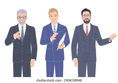 Confident speaking men in strict clothes isolated on white. Elderly and young friendly business men in formal suits, spokesperson at lecture, seminar. Group of people vector flat cartoon characters. 