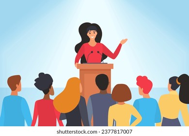 Confident speech of speaker in front of audience vector illustration. Cartoon young woman orator standing behind podium with microphones to speak in front of crowd of people, presentation of leader