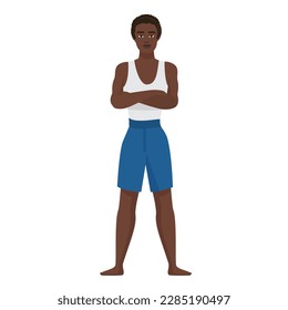 Confident sport male trainer. Fitness instructor in standing position vector cartoon illustration