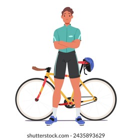 Confident Sportsman Cyclist Character Stands With Arms Crossed, Exuding Determination Beside His Sleek Bike, Ready To Conquer Challenging Terrains With Unwavering Focus. Cartoon Vector Illustration