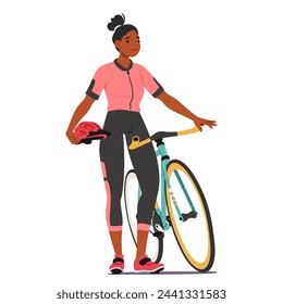 Personaje Femenino De Ciclista Deportista Segura De Sí Misma Con El Casco En La Mano Que Exuda Determinación Al Lado De Su Bicicleta, Listo Para Conquistar Terrenos Desafiantes Con Un Enfoque Inquebrantable. Ilustración vectorial de dibujos animados