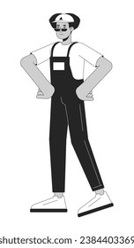 Confident standing delivery man hispanic black and white 2D line cartoon character. Latinamerican male professional packer isolated vector outline person. Moving monochromatic flat spot illustration