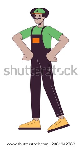 Confident standing delivery man hispanic 2D linear cartoon character. Latinamerican male professional packer isolated line vector person white background. Moving company color flat spot illustration