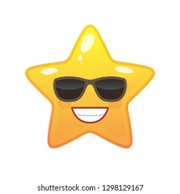 Confident star shaped comic emoticon. Satisfied face with facial expression. Pleased emoji symbol for internet chatting. Funny social communication animation. Mood message isolated vector element