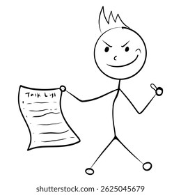 Confident stick man with spiky hair holding a task list and gesturing with a clenched fist. Minimalist illustration for achievement and motivation