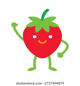 Confident strawberry character pointing up bold red flat vector artwork great for ideas tips branding and expressive visuals