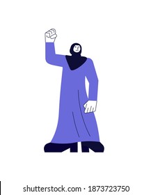 Confident strong arab woman raised her hand with fist. We Can Do and girl power. Vector Illustration isolated on white