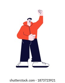 Confident strong Caucasian man raised his hand with fist. Vector Illustration isolated on white