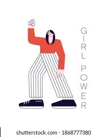 Confident strong caucasian woman raised her hand with fist. We Can Do and girl power. Vector Illustration isolated on white