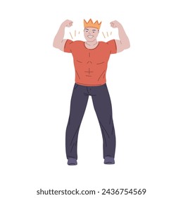 Confident strong man with crown showing biceps muscles. Concept of positive self esteem, success, leadership. Narcissistic people, man praised and proud of himself. Vector illustration isolated