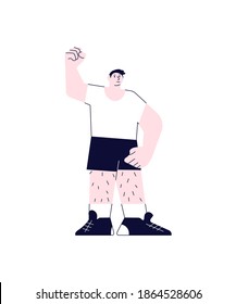 Confident strong sport fan man in shorts and a Tshirt raised his hand with fist. Vector Illustration isolated on white