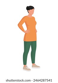 Confident strong woman posing with arms akimbo, full length, isolated