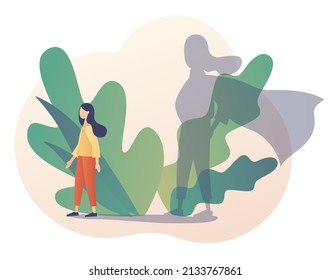 Mujer fuerte y segura como superheroína. Metáfora de autoconfianza. Autoimagen. Amor propio. Autodesarrollo. Motivación. Estilo moderno de dibujos animados planos. Ilustración del vector sobre fondo blanco