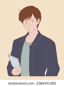 Estudiante confiado llevando una tableta digital en la mano, preparándose para la educación en línea. Hombre con tablet PC en la mano, usando internet, jugando.  Dibujo manual de caricaturas planas ilustraciones vectoriales.