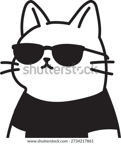 A confident and stylish cartoon cat, sporting cool sunglasses and a dark top, exudes an effortlessly chill and mysterious vibe, perfect for modern design elements and branding