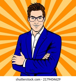Confident, stylish young man in a business suit. Smiling cheerful Gentleman in classic business suit and glasses with arms folded. Vector illustration in Comic Book Pop Art retro 