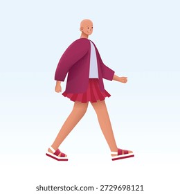 A confident stylized vector of a person walking in a red jacket and skirt. Perfect for fashion blogs, inclusive editorial designs, UI characters, lifestyle campaigns, and trendy branding content.