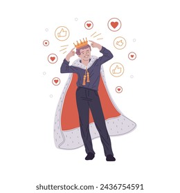 Confident success man in red cape with fur points to the crown on his head. Positive self esteem. Narcissistic people, man praised and proud of himself. Vector illustration with likes icon