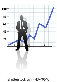 A confident successful business man silhouette stands in front of a chart of growth or profit success.