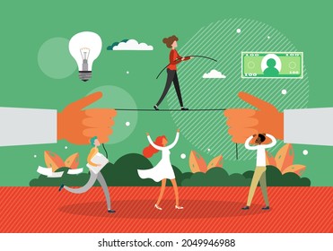 Confident successful business woman walking tightrope, vector illustration. Income, profit, innovation, financial risk.