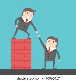 Confident successful leading businessman helping another one to get over brick wall. Help, assistance and team concept. Flat style. EPS 8 vector illustration, no transparency