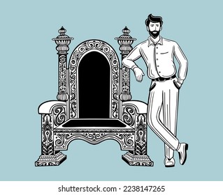 confident, successful man standing with throne chair hand drawn vector illustration

