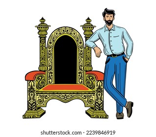 hombre de confianza, exitoso parado con ilustración vectorial dibujada a mano en silla de trono
