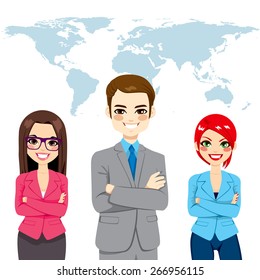 Confident successful professional businesspeople global team standing with arms crossed in front world earth map background
