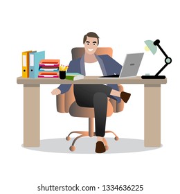 Confident successful young businessman at workplace. Vector entrepreneur man with laptop illustration