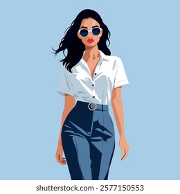 Confident successful young woman in classic clothes and stylish sunglasses. Vector, flat illustration.
