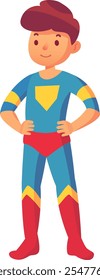 Confident superhero boy standing with hands on hips, ready to save the day, a symbol of courage and strength in a vibrant cartoon illustration