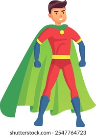 Confident superhero standing with cape flowing, ready for action, symbolizing strength, courage, and heroism in a vibrant illustration