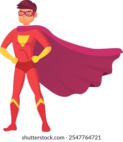 Confident superhero standing with hands on hips, wearing a vibrant costume and a flowing cape, embodying strength, courage, and readiness to face any challenge