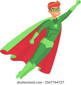 Confident superhero wearing green costume with star and red cape flying upwards with arm outstretched, demonstrating power, courage, and heroism