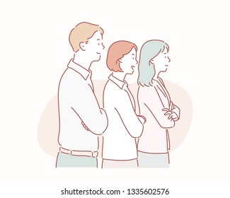 
Confident team of three business people partners standing with arms crossed. Hand drawn style vector design illustrations.