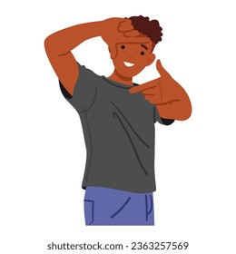 Confident Teen Boy Creates A Stylish Frame With His Fingers, Showcasing His Unique Flair And Self-assured Attitude. Teen Male Character Isolated On White Background. Cartoon People Vector Illustration