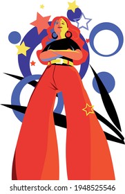 Confident teenage girl standing in a power pose, view from below EPS 8 modern colorful vector illustration