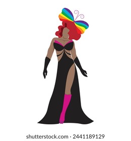 A confident transgender drag queen in black and pink modern evening gown with red wig and rainbow butterfly for LGBTQ+ concept. Vector illustration flat charactor on white background