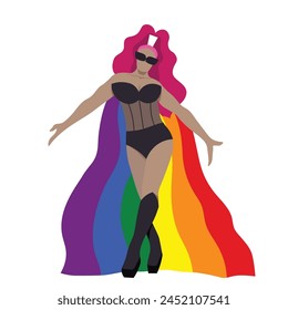 A confident transgender drag queen in black modern outfit and rainbow cape for LGBTQ+ concept and for equality and diversity supporting. Vector illustration flat charactor on white background